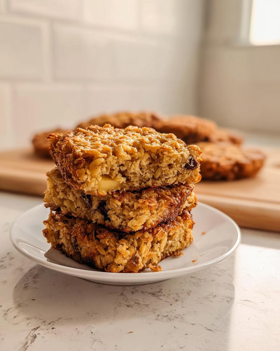 Stack of three baked oatmeal bars, perfect for Make-Ahead Breakfast for Busy Weeks, on a white plate.