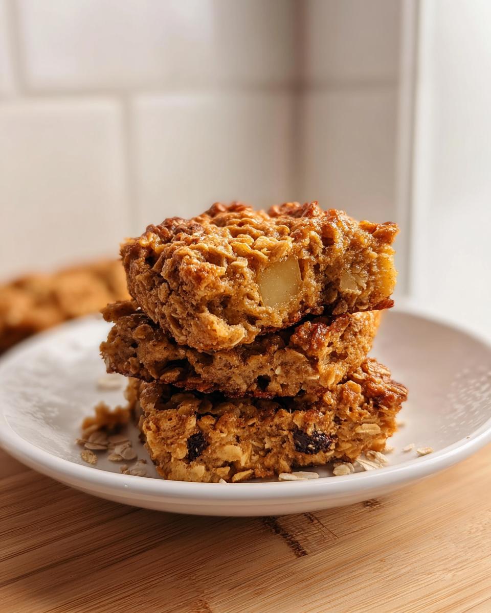 Stack of three baked oatmeal bars, perfect for Make-Ahead Breakfast for Busy Weeks, on a white plate.