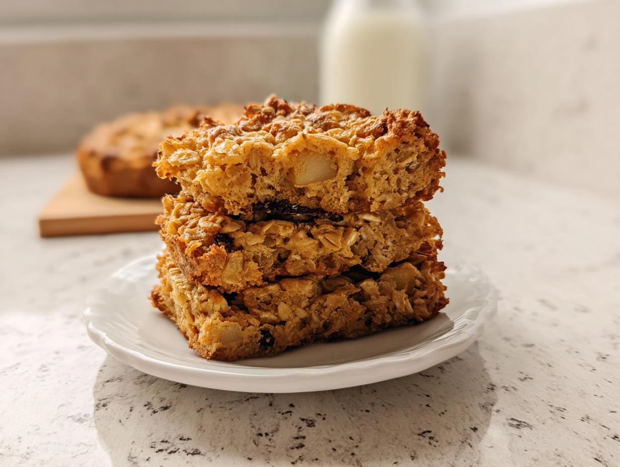 Stack of three baked oatmeal bars, perfect for Make-Ahead Breakfast for Busy Weeks, on a small white plate.