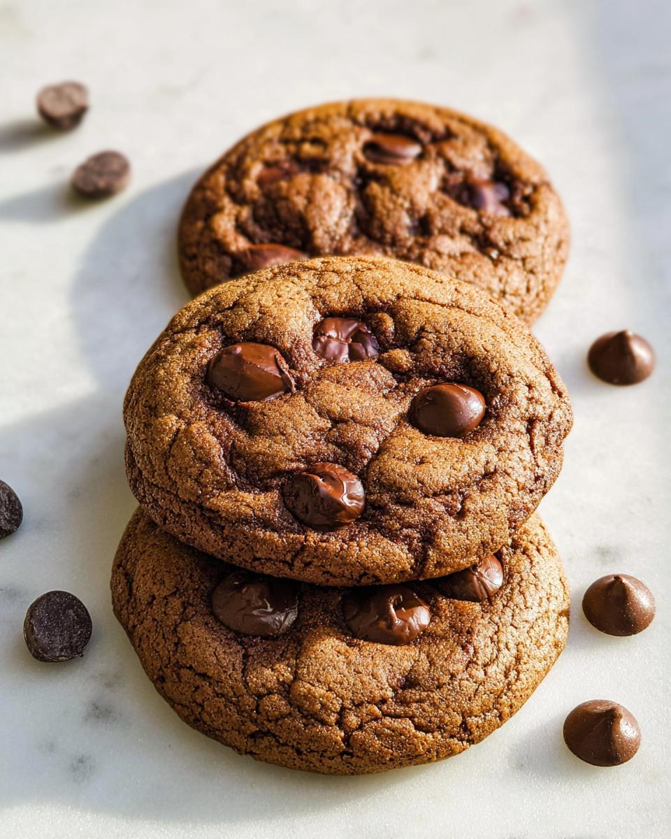 A stack of three rich, fudgy One-Bowl Chocolate Cookies dotted with melted chocolate chips on a white marble surface.