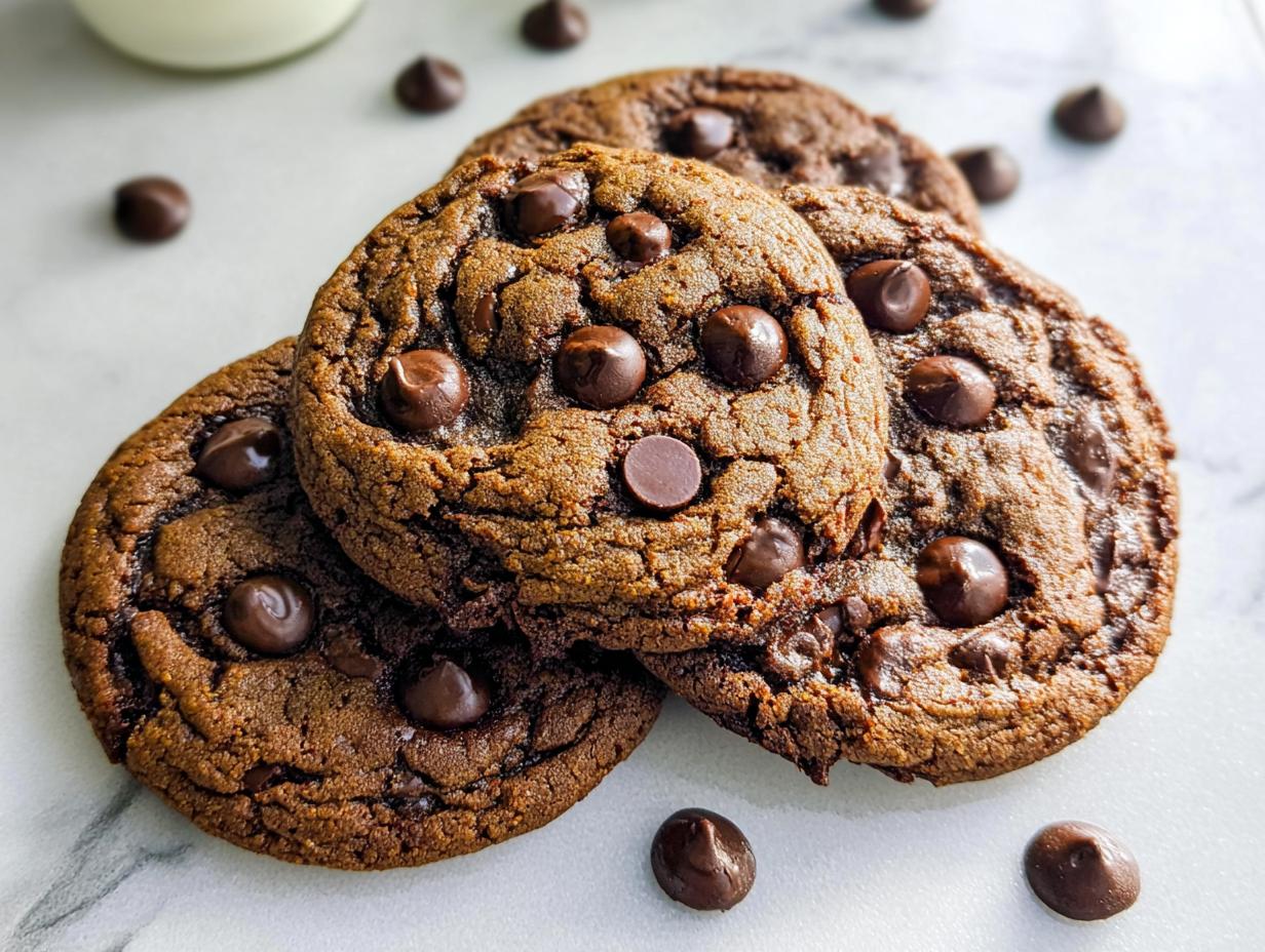 Three rich, dark brown One-Bowl Chocolate Cookies stacked slightly, studded with chocolate chips, on a white marble surface.