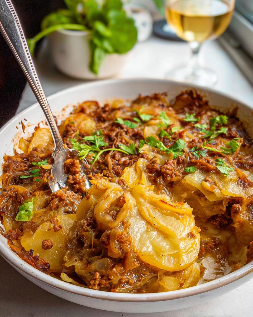 A close-up of the One-Pan Hobo Casserole, showing layers of sliced potatoes and seasoned ground meat being served with a spoon.