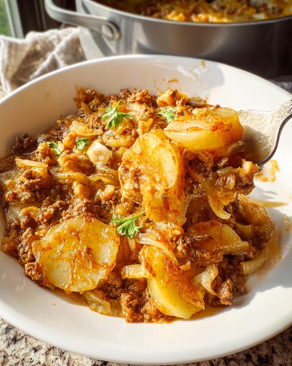 A spoonful of One-Pan Hobo Casserole featuring ground meat, onions, and sliced potatoes being lifted from a white bowl.