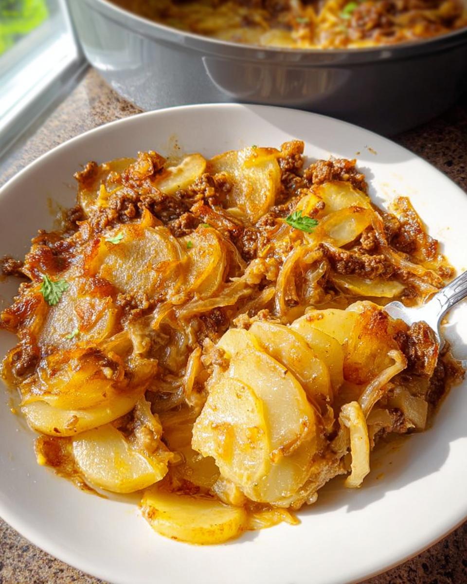 A close-up of a serving of One-Pan Hobo Casserole featuring sliced potatoes, ground meat, and onions on a white plate.