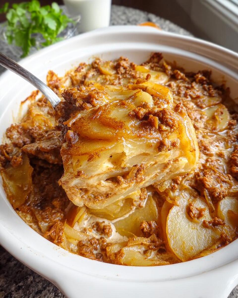 A spoonful lifting a layered slice of One-Pan Hobo Casserole featuring potatoes and ground meat from a white baking dish.