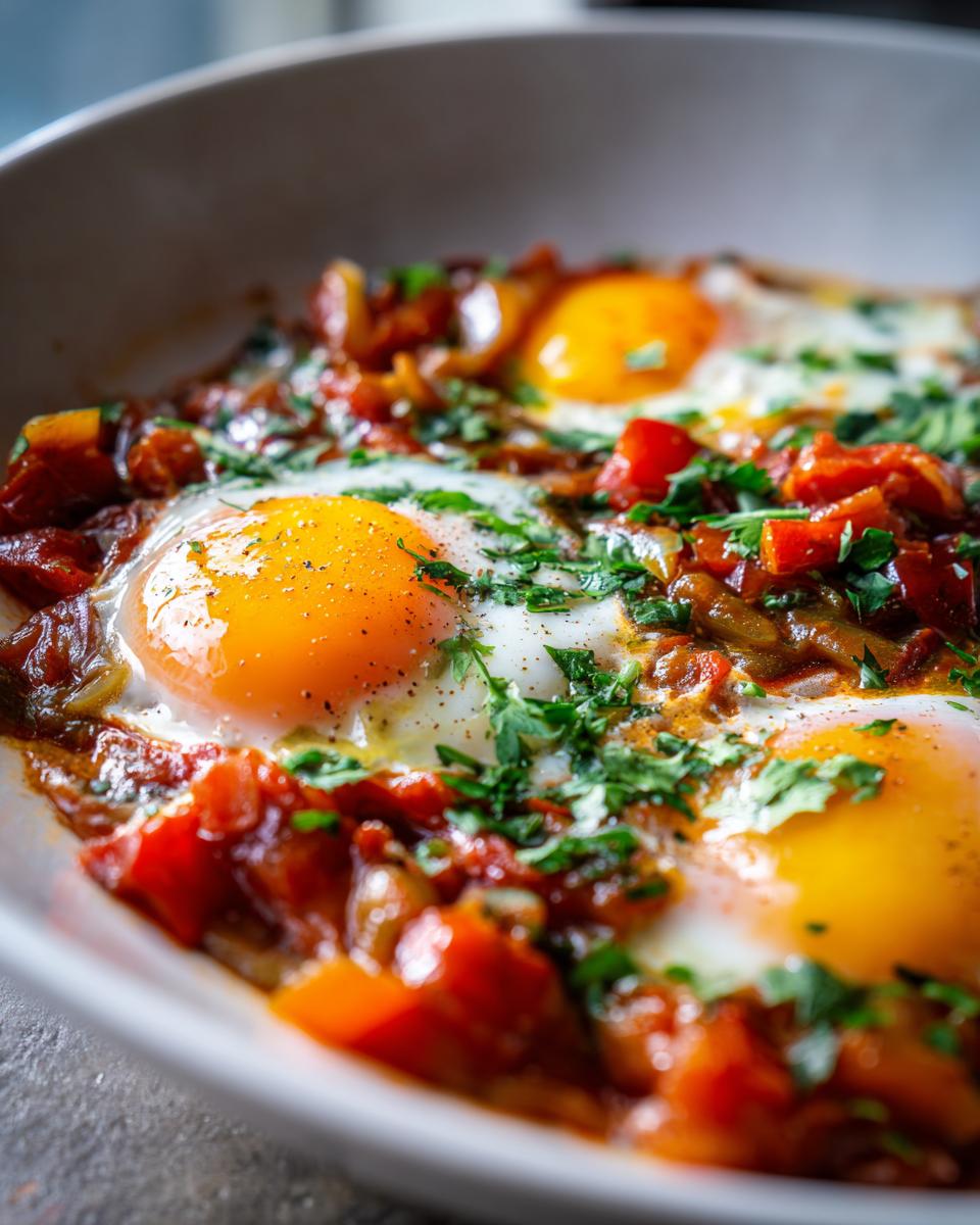 Close-up of a One-Pan Mediterranean Egg Dish featuring sunny-side-up eggs nestled in a rich tomato and pepper sauce, topped with fresh parsley.