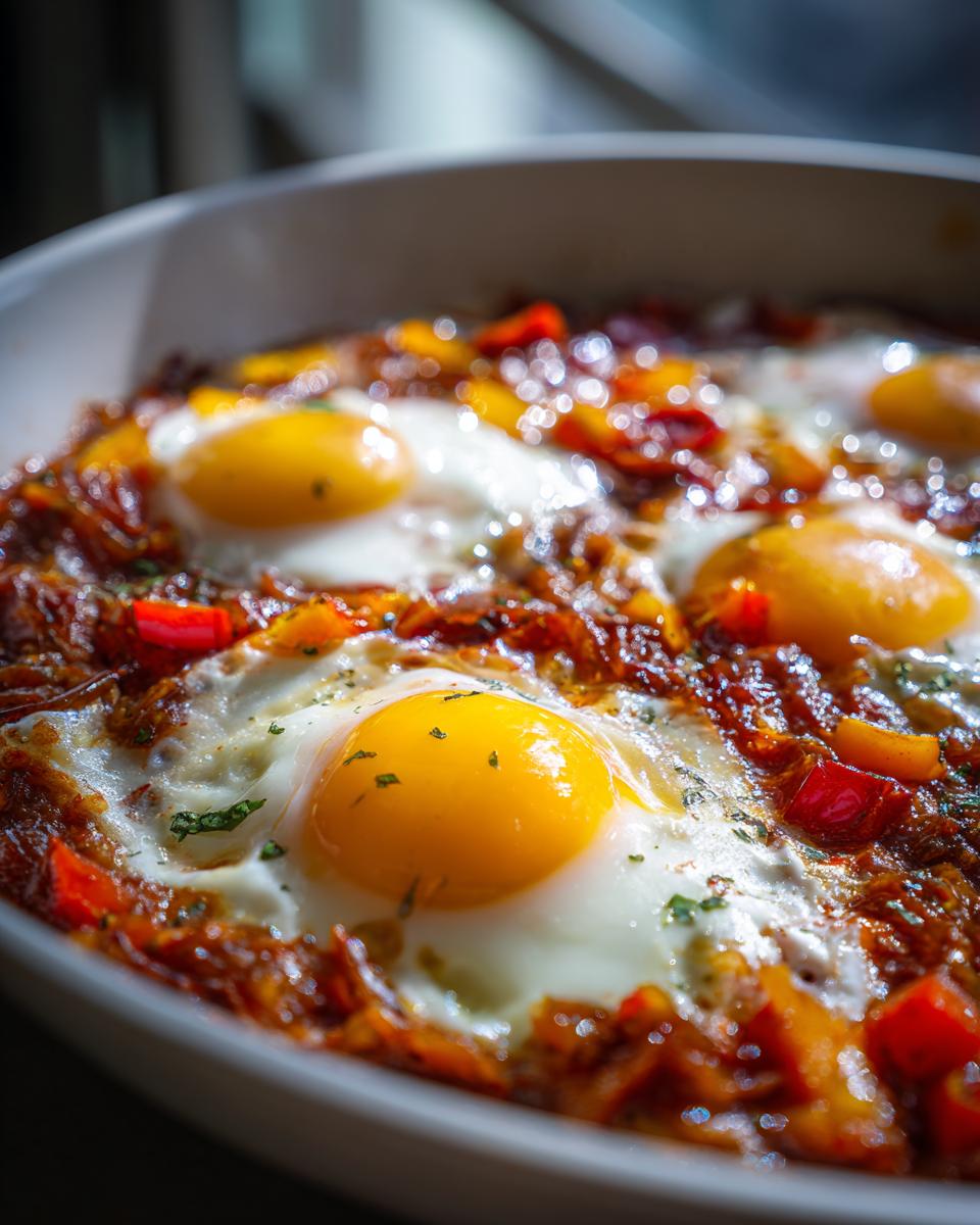 Close-up of a One-Pan Mediterranean Egg Dish featuring sunny-side-up eggs nestled in a rich, savory tomato and pepper sauce.