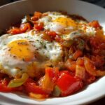 Close-up of a One-Pan Mediterranean Egg Dish with two sunny-side-up eggs over stewed tomatoes and peppers.