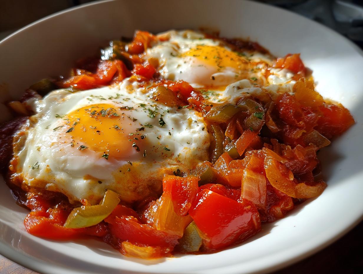 Close-up of a One-Pan Mediterranean Egg Dish with two sunny-side-up eggs over stewed tomatoes and peppers.