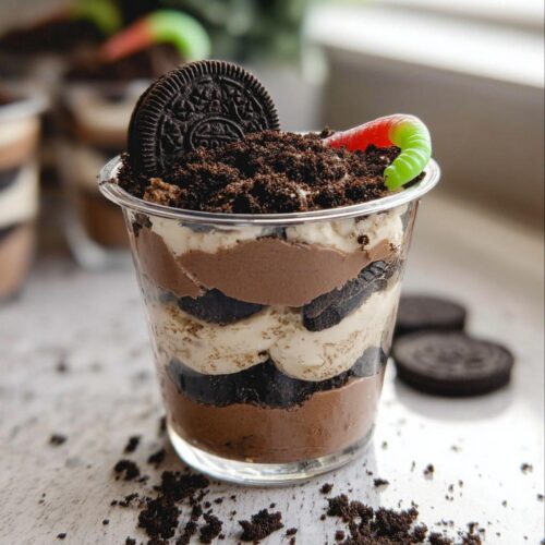 Close-up of a single serving of Oreo Dirt Cups layered with chocolate pudding, cream, and crushed Oreos, topped with a gummy worm.