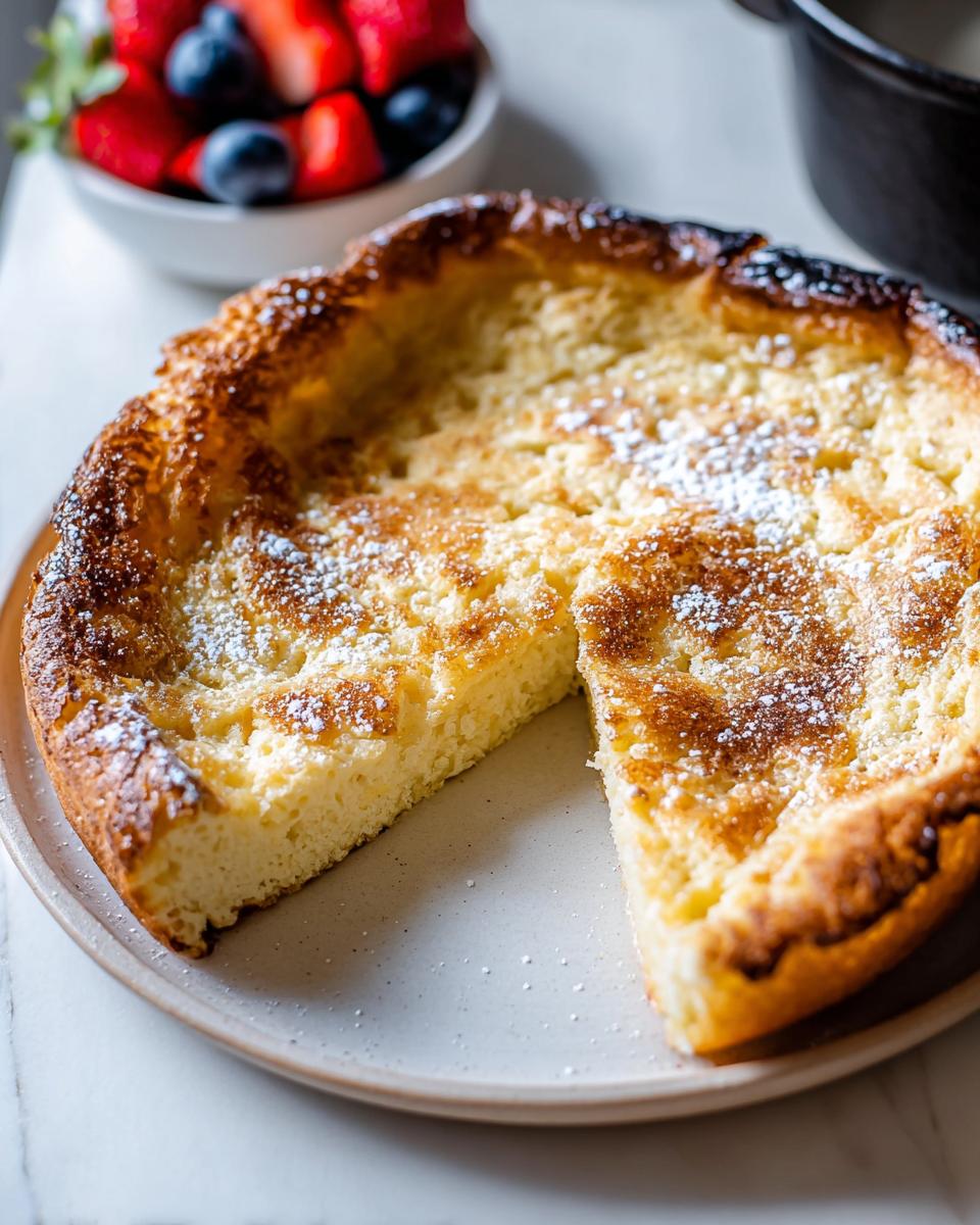 A freshly baked Oven Pancake Breakfast, lightly dusted with powdered sugar, served on a plate.