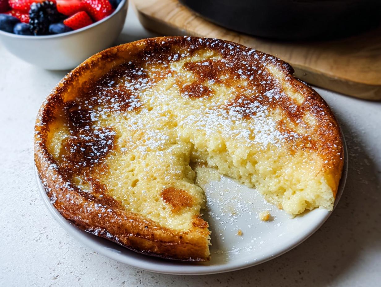 A golden, puffy Oven Pancake Breakfast dusted with powdered sugar, served on a white plate with berries nearby.