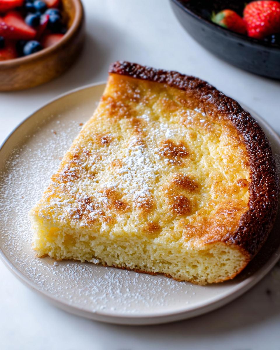 A thick slice of golden Oven Pancake Breakfast dusted with powdered sugar on a plate.