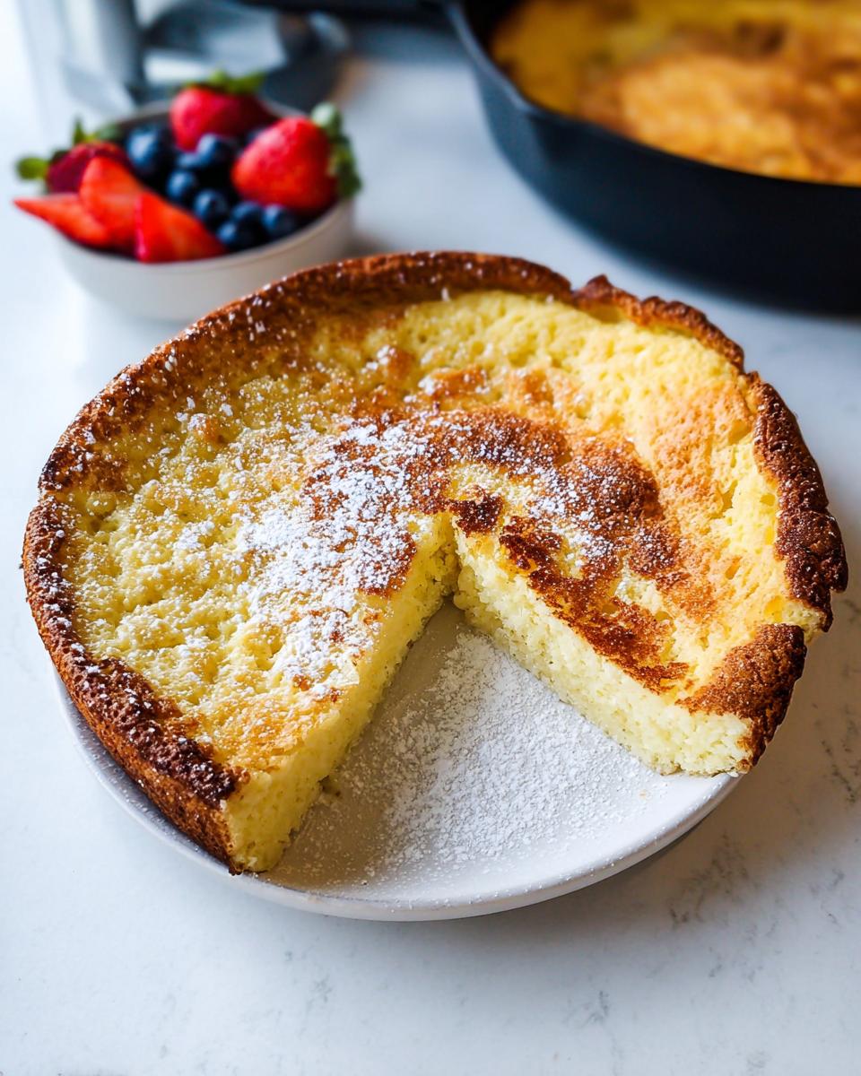 A slice of fluffy Oven Pancake Breakfast dusted with powdered sugar on a white plate.