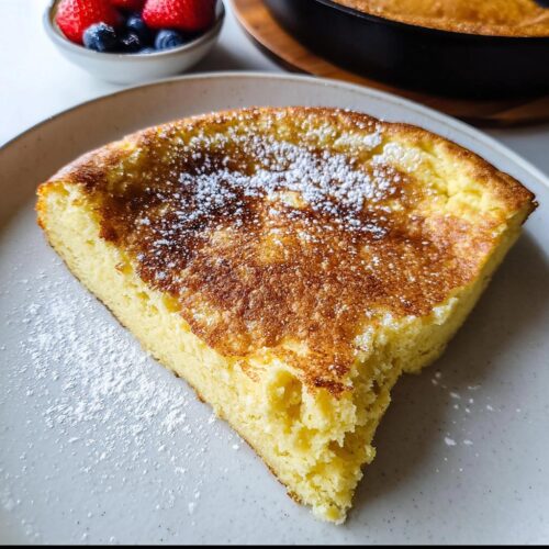 A fluffy slice of Oven Pancake Breakfast dusted with powdered sugar on a plate.