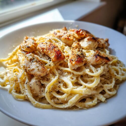 A close-up of creamy fettuccine noodles topped with seared, seasoned pieces of Parmesan Garlic Chicken & Noodles.