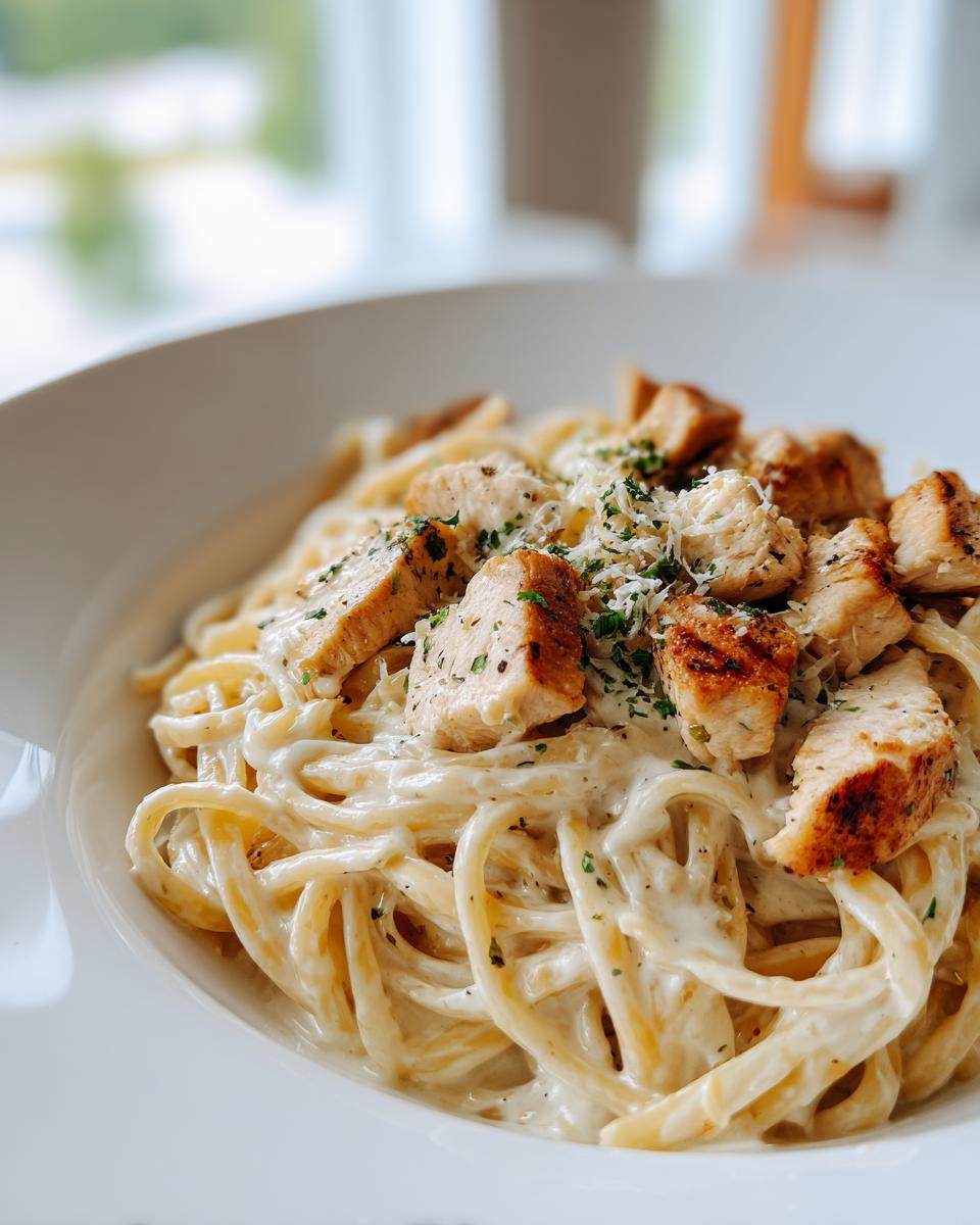 Close-up of Parmesan Garlic Chicken & Noodles featuring linguine coated in a rich cream sauce, topped with seasoned chicken pieces.