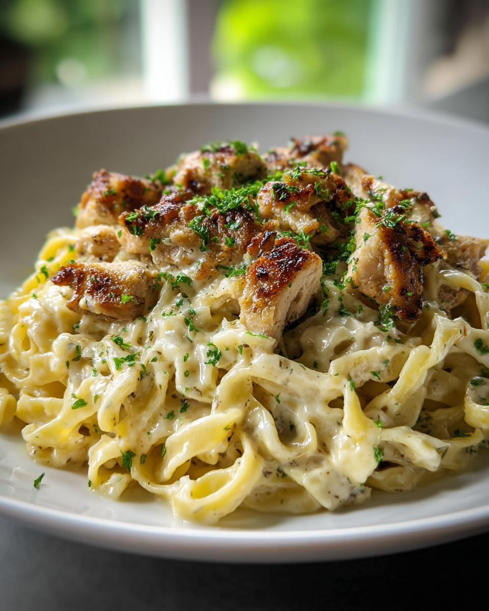 Close-up of fettuccine noodles coated in creamy sauce, topped with seared chicken pieces for Parmesan Garlic Chicken & Noodles.