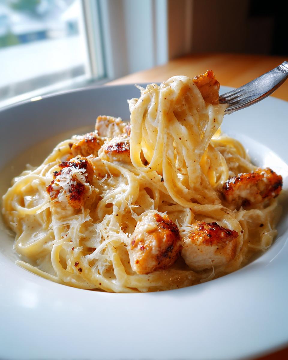 A fork lifts creamy noodles and chunks of browned chicken from a bowl of Parmesan Garlic Chicken & Noodles.