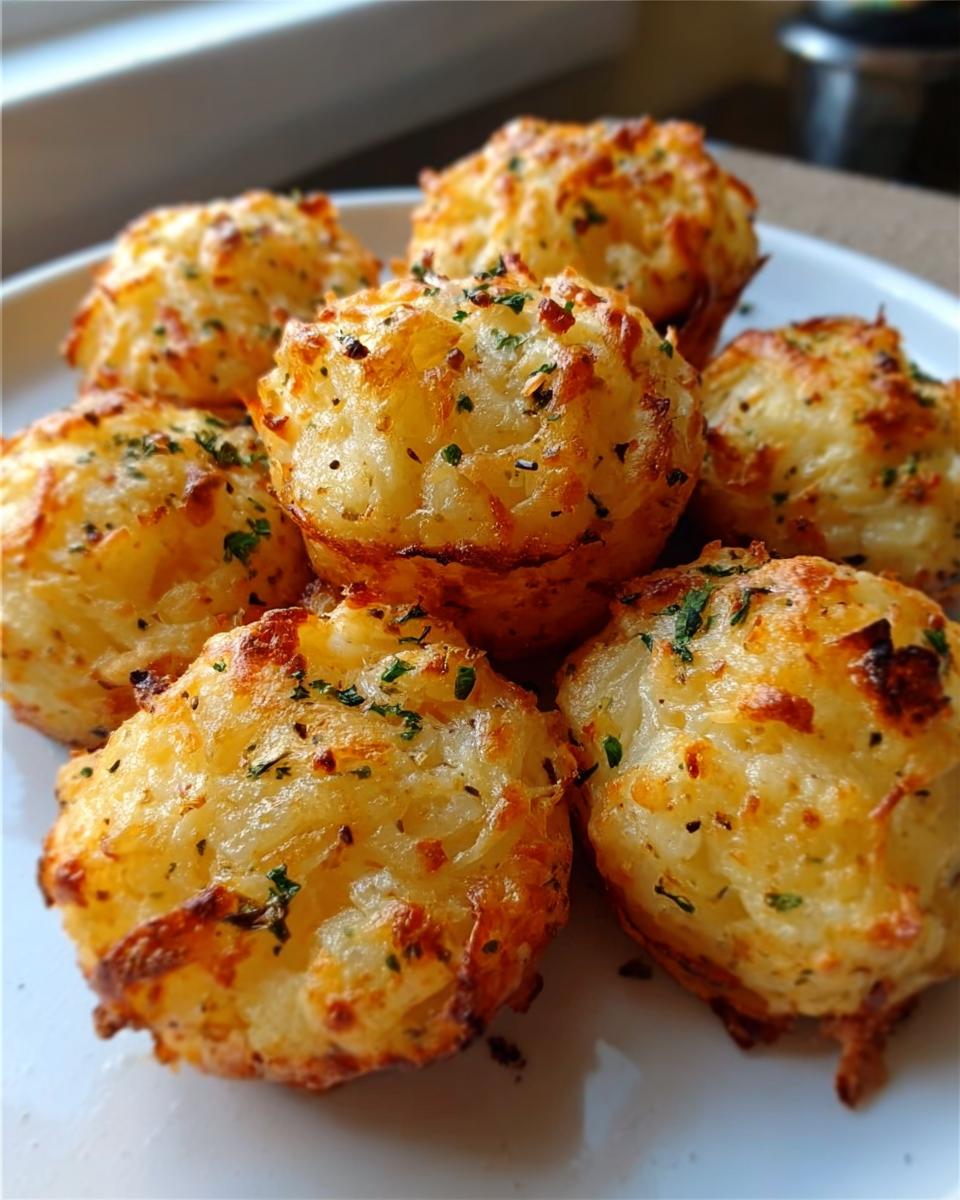A close-up of several golden brown Parmesan Garlic Potato Puffs, sprinkled with parsley, served on a white plate.