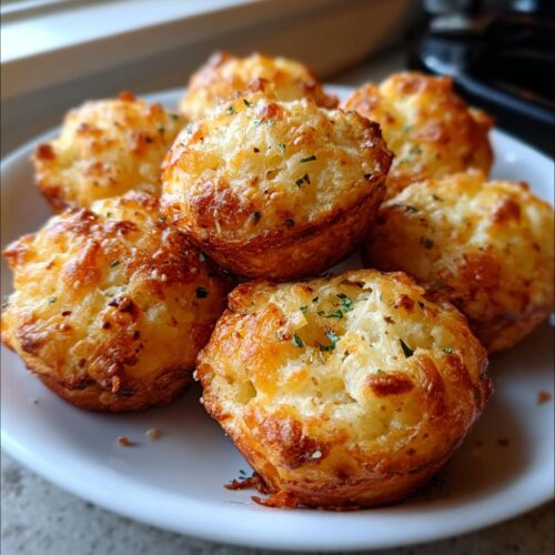 Close-up of several golden brown Parmesan Garlic Potato Puffs, topped with melted cheese and herbs, served on a white plate.