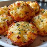 Close-up of several golden brown Parmesan Garlic Potato Puffs sprinkled with fresh parsley on a white plate.