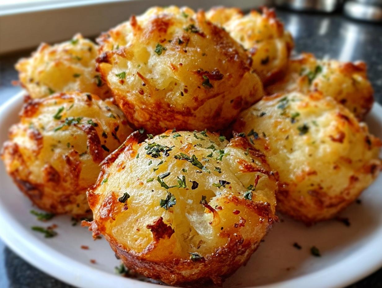 Close-up of several golden brown Parmesan Garlic Potato Puffs sprinkled with fresh parsley on a white plate.