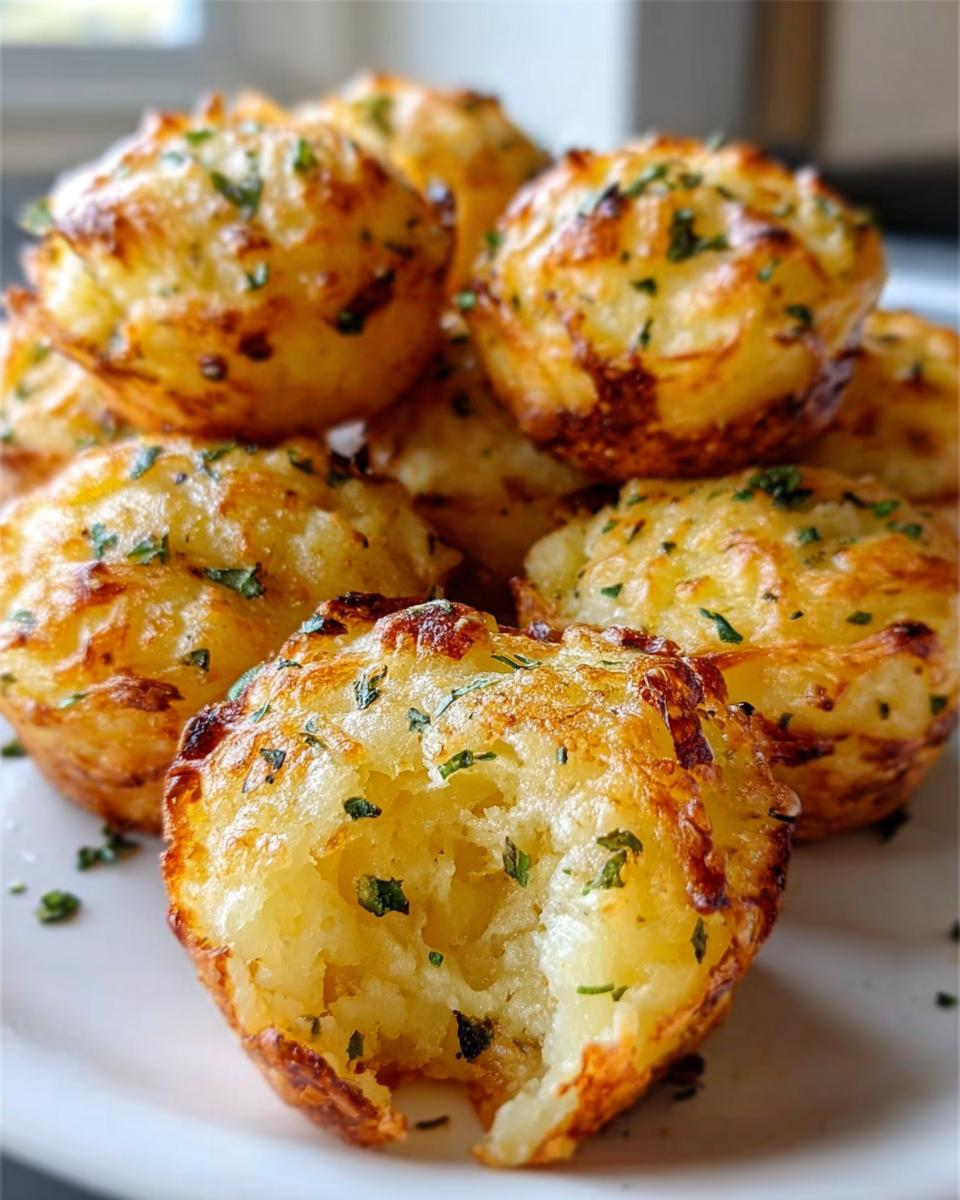 A close-up of several golden-brown Parmesan Garlic Potato Puffs stacked on a white plate, garnished with parsley.
