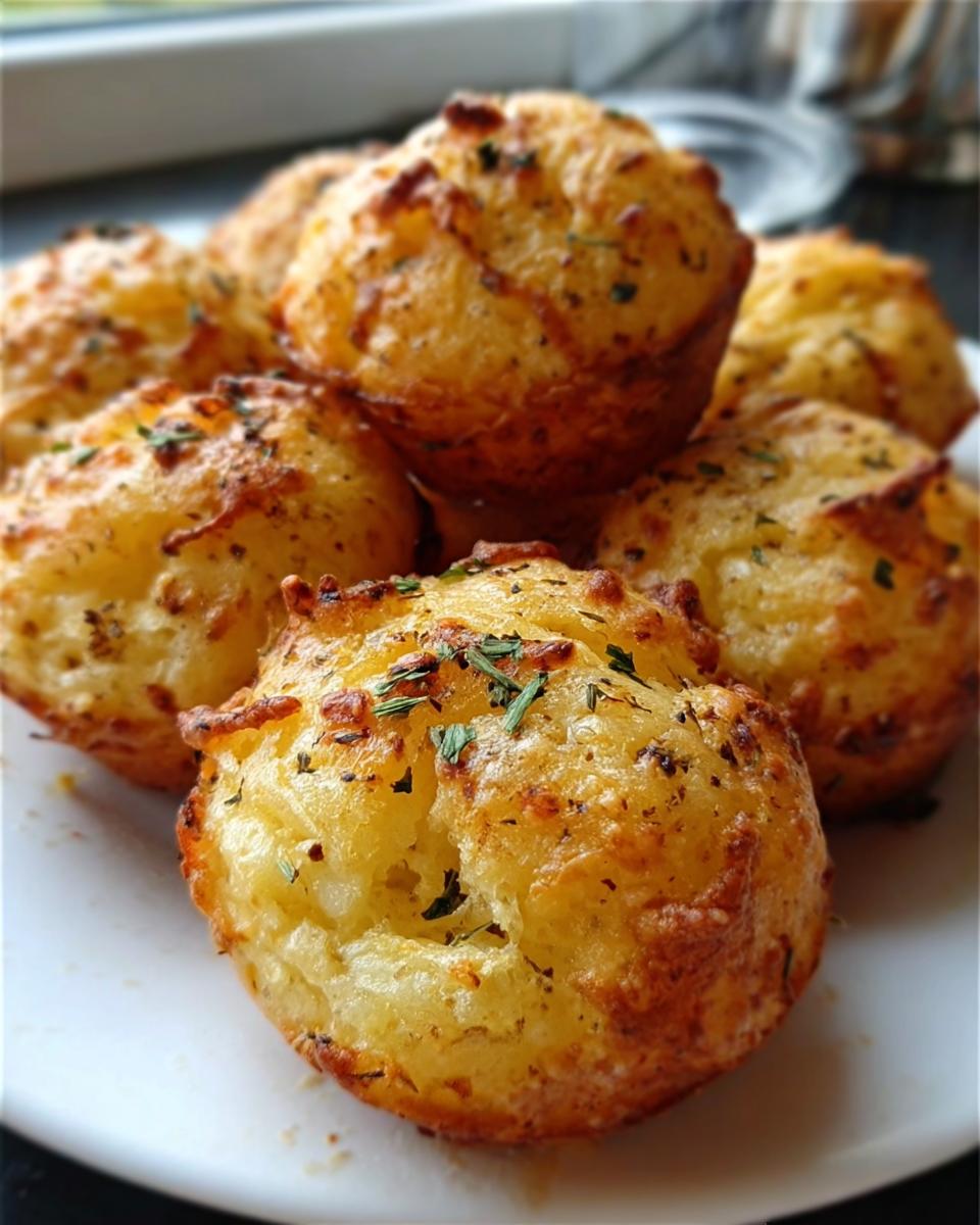 A close-up of several golden brown Parmesan Garlic Potato Puffs stacked on a white plate, topped with herbs.