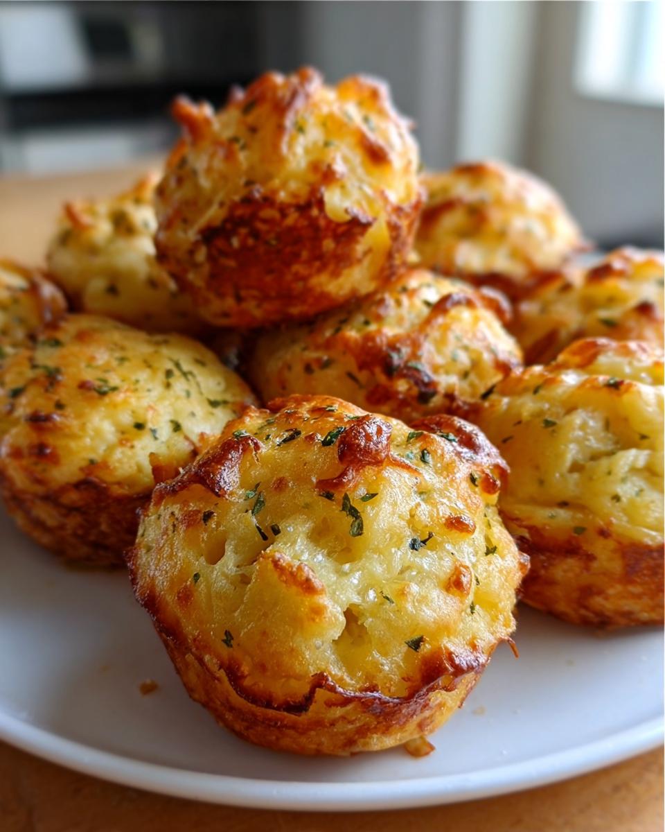 A close-up of several golden brown Parmesan Garlic Potato Puffs stacked on a white plate, topped with herbs.