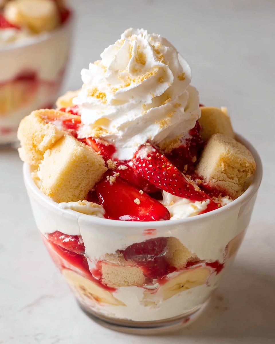 Close-up of a layered Party Strawberry Banana Dessert in a white cup, topped with whipped cream and cake pieces.