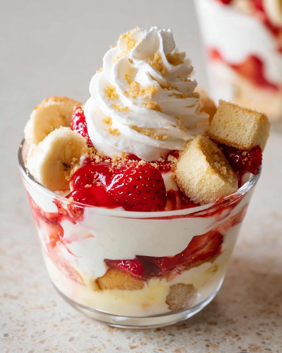 A close-up of a layered Party Strawberry Banana Dessert in a glass with whipped cream and cake pieces.