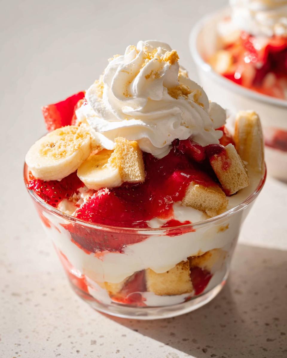 Close-up of an individual serving of Party Strawberry Banana Dessert layered with cream, cake, fruit, and topped with whipped cream.
