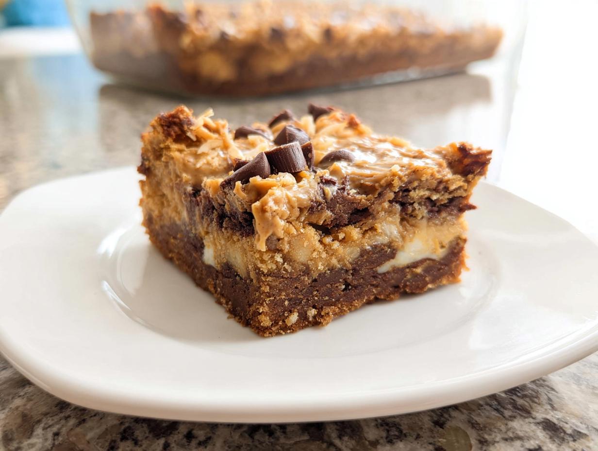 A rich, layered square of Peanut Butter Magic Bars topped with peanut butter swirls and chocolate chips on a white plate.