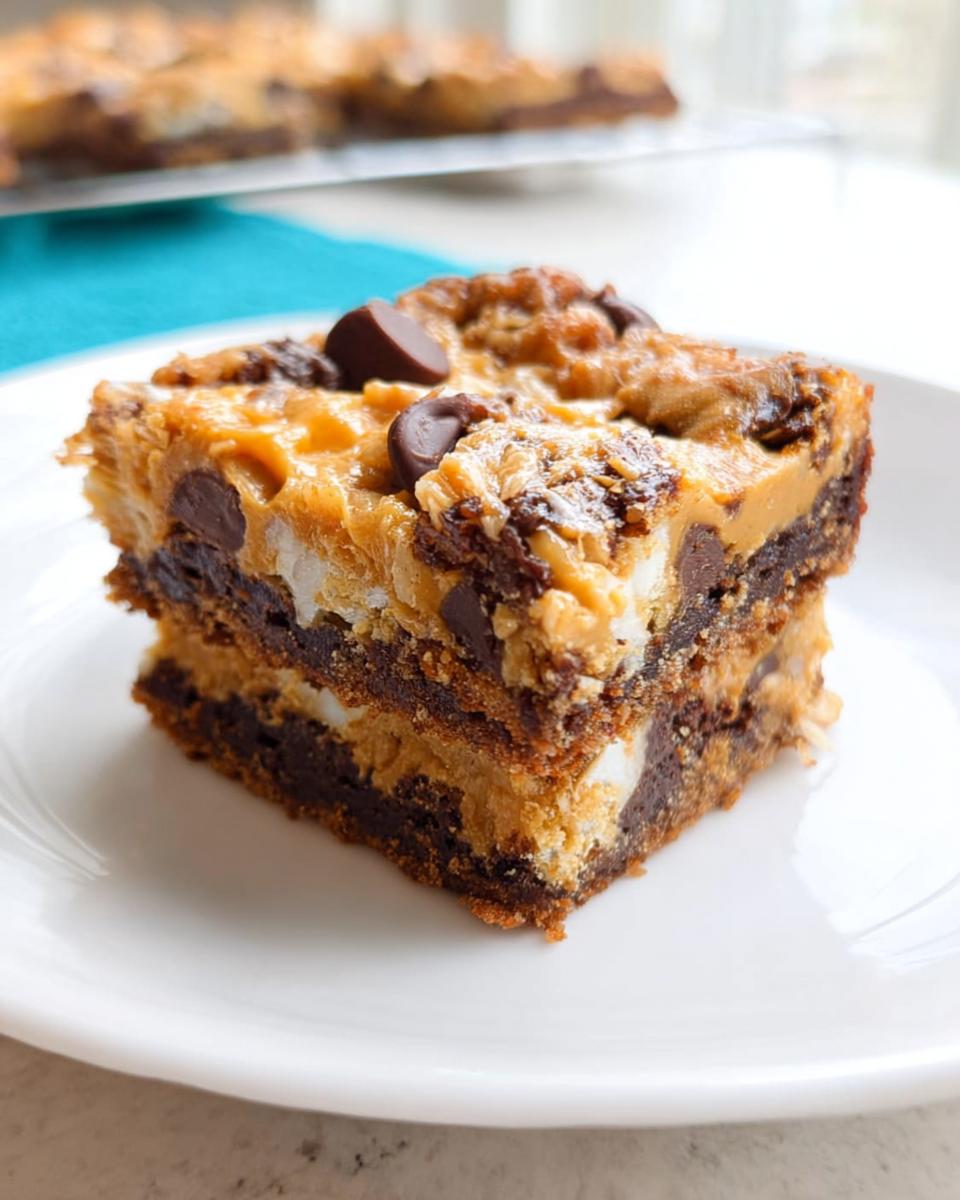 A thick square of Peanut Butter Magic Bars showing layers of chocolate base, peanut butter, and chocolate chips.