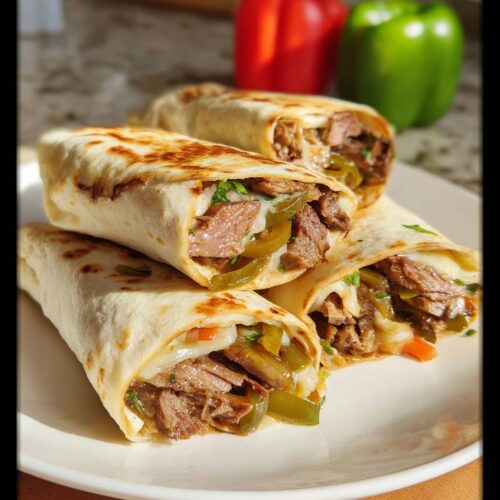 Four Philly Cheesesteak Wrap Bites stacked on a white plate, showing steak, melted cheese, and peppers inside the tortilla.