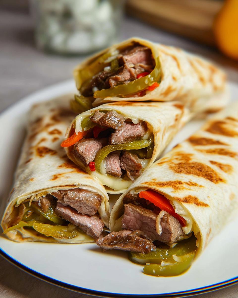 Four halves of grilled Philly Cheesesteak Wrap Bites filled with steak, peppers, and melted cheese, stacked on a white plate.