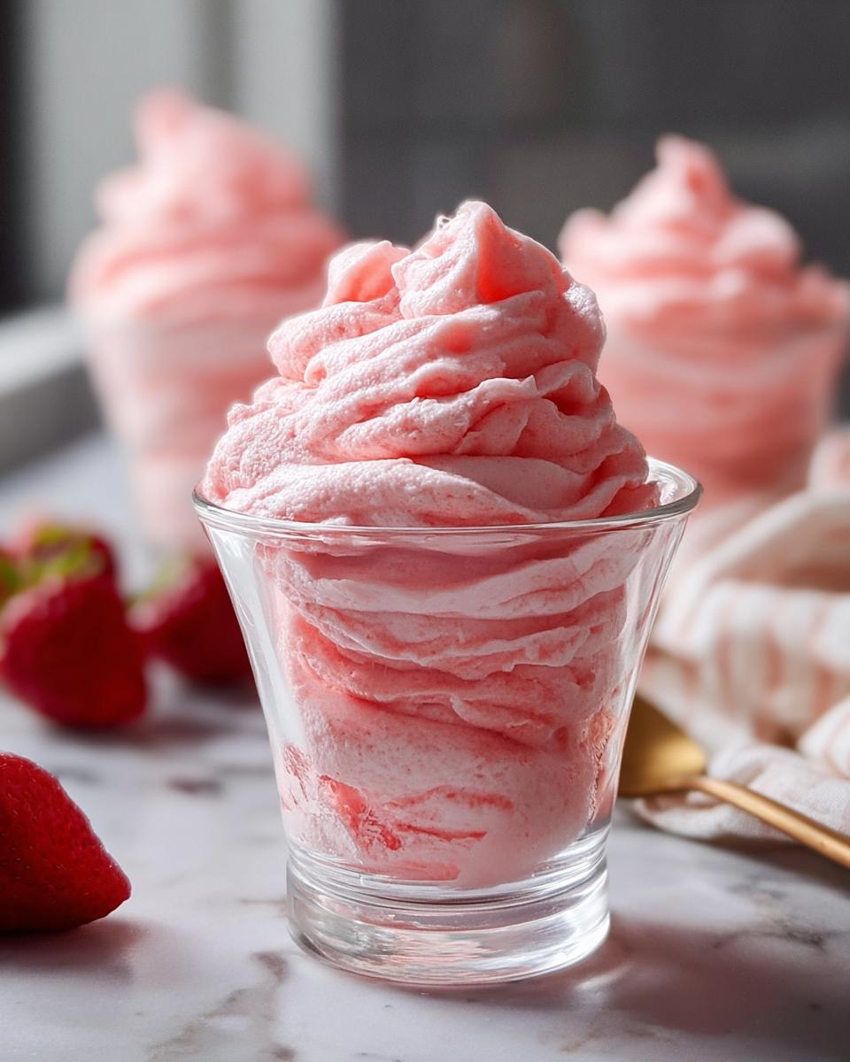 Close-up of light pink, airy No-Bake Strawberry Mousse piped high into a small clear glass.