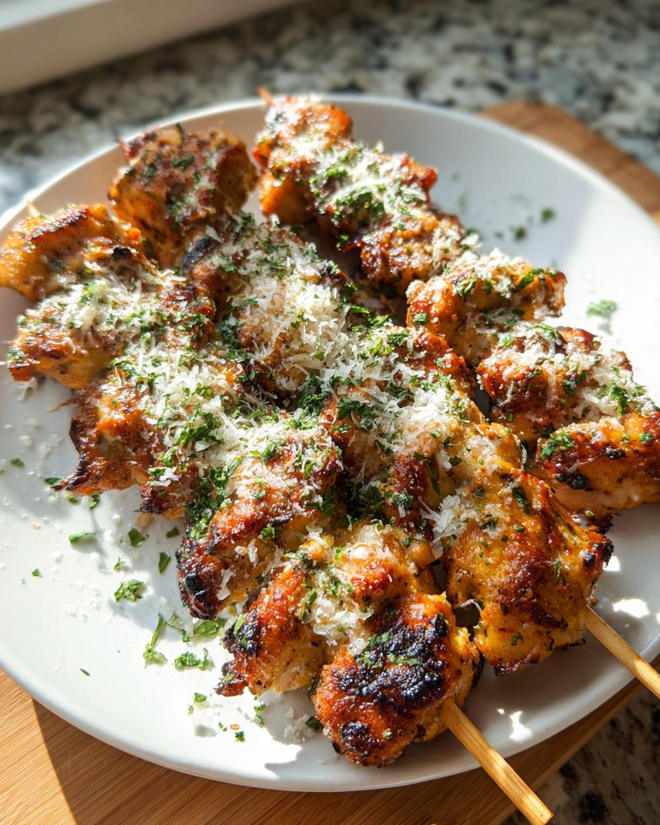 Close-up of cooked Garlic Parmesan Chicken Skewers generously topped with grated cheese and fresh parsley on a white plate.