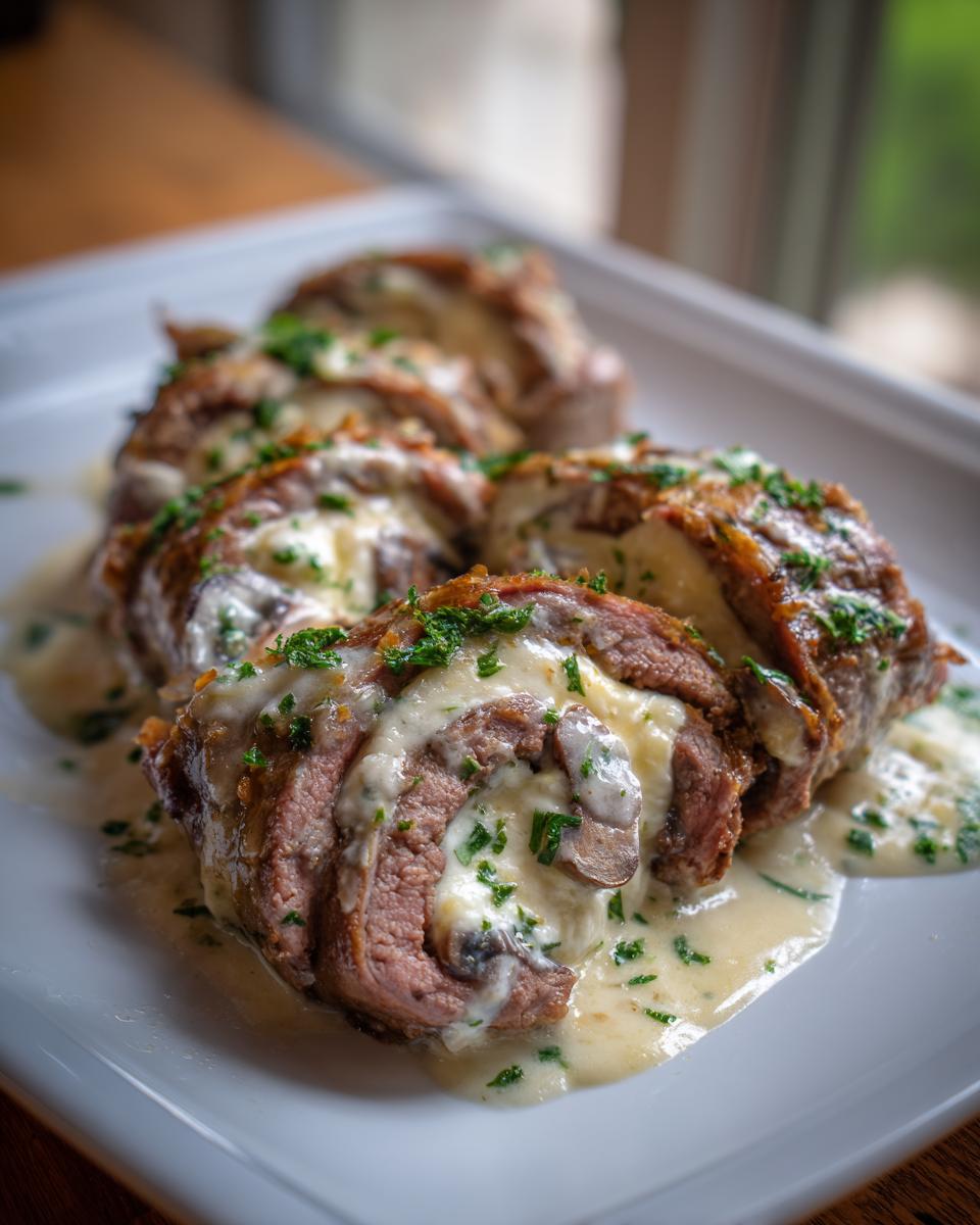 Four slices of savory Low Carb Beef Roll Ups stuffed with cheese and mushrooms, covered in a creamy sauce and parsley.
