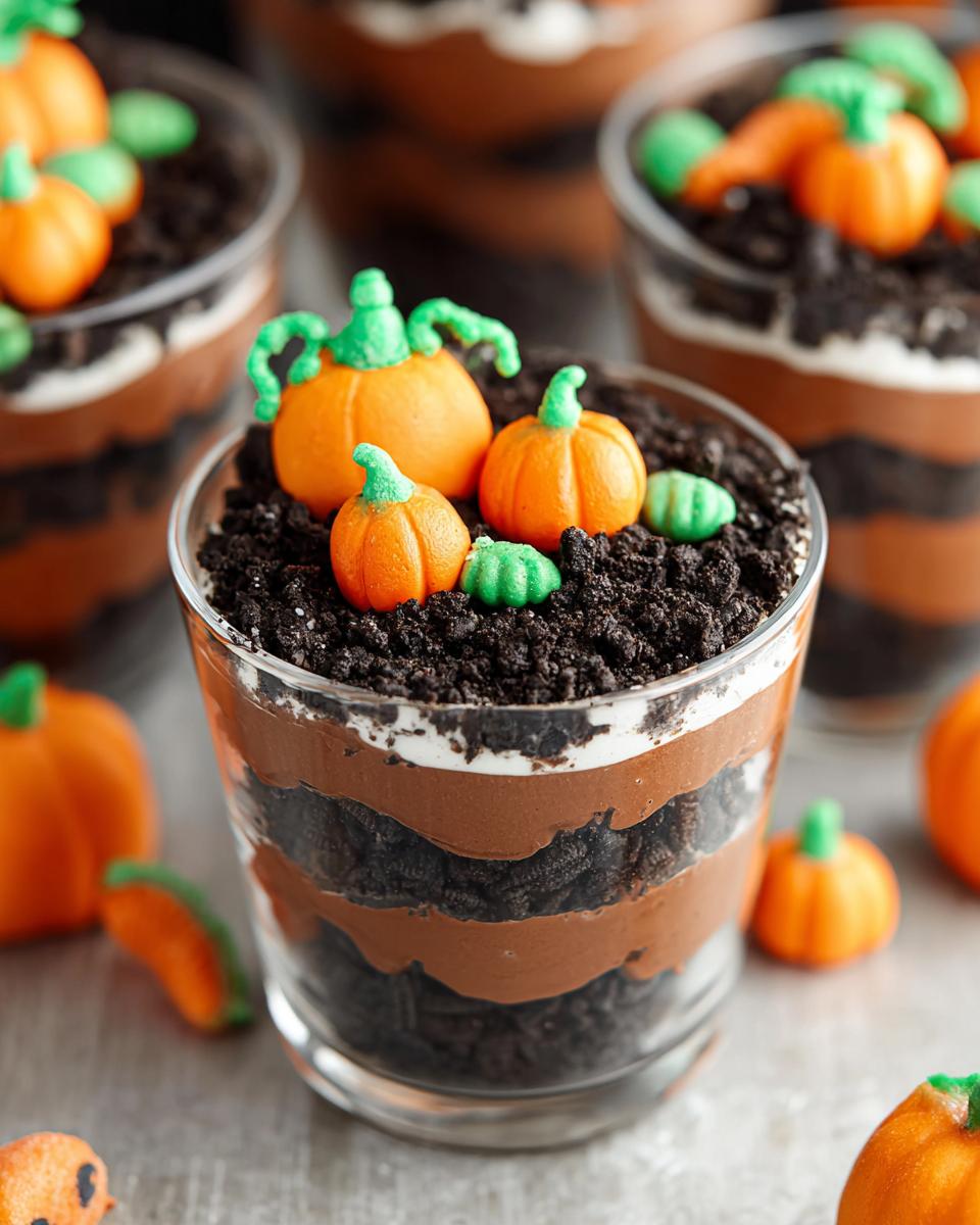 Close-up of layered Pumpkin Patch Dirt Cups topped with crushed cookies and orange candy pumpkins.