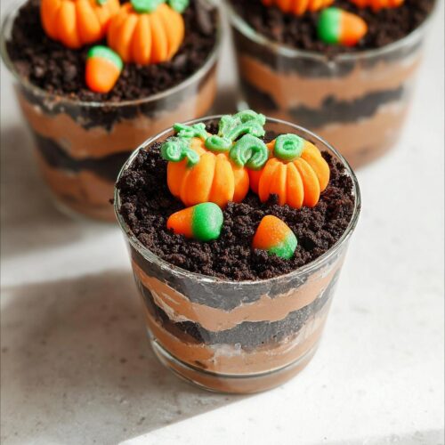 Close-up of a layered Pumpkin Patch Dirt Cup dessert featuring chocolate pudding, crushed cookies, and candy pumpkins on top.