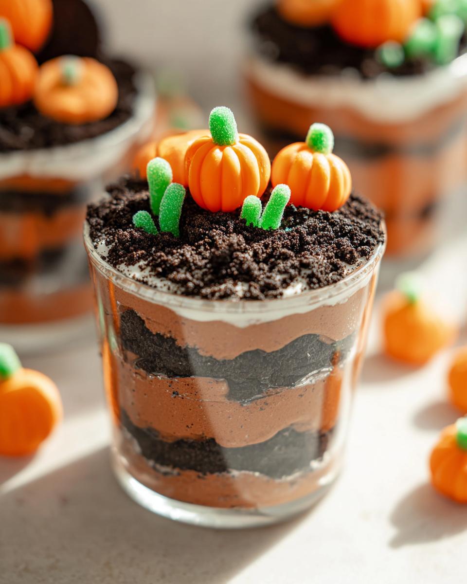 A layered dessert in a glass showing chocolate mousse and crushed cookies, topped with crushed cookies resembling dirt, candy pumpkins, and green gummy sprouts for Pumpkin Patch Dirt Cups.