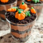A close-up of one serving of Pumpkin Patch Dirt Cups layered with chocolate pudding and crushed cookies, topped with candy pumpkins and carrots.