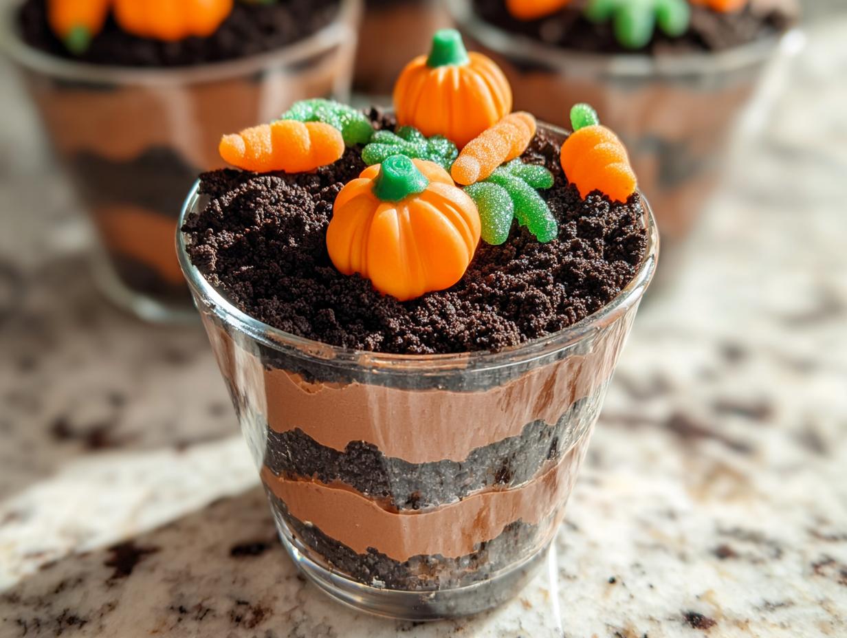 A close-up of one serving of Pumpkin Patch Dirt Cups layered with chocolate pudding and crushed cookies, topped with candy pumpkins and carrots.