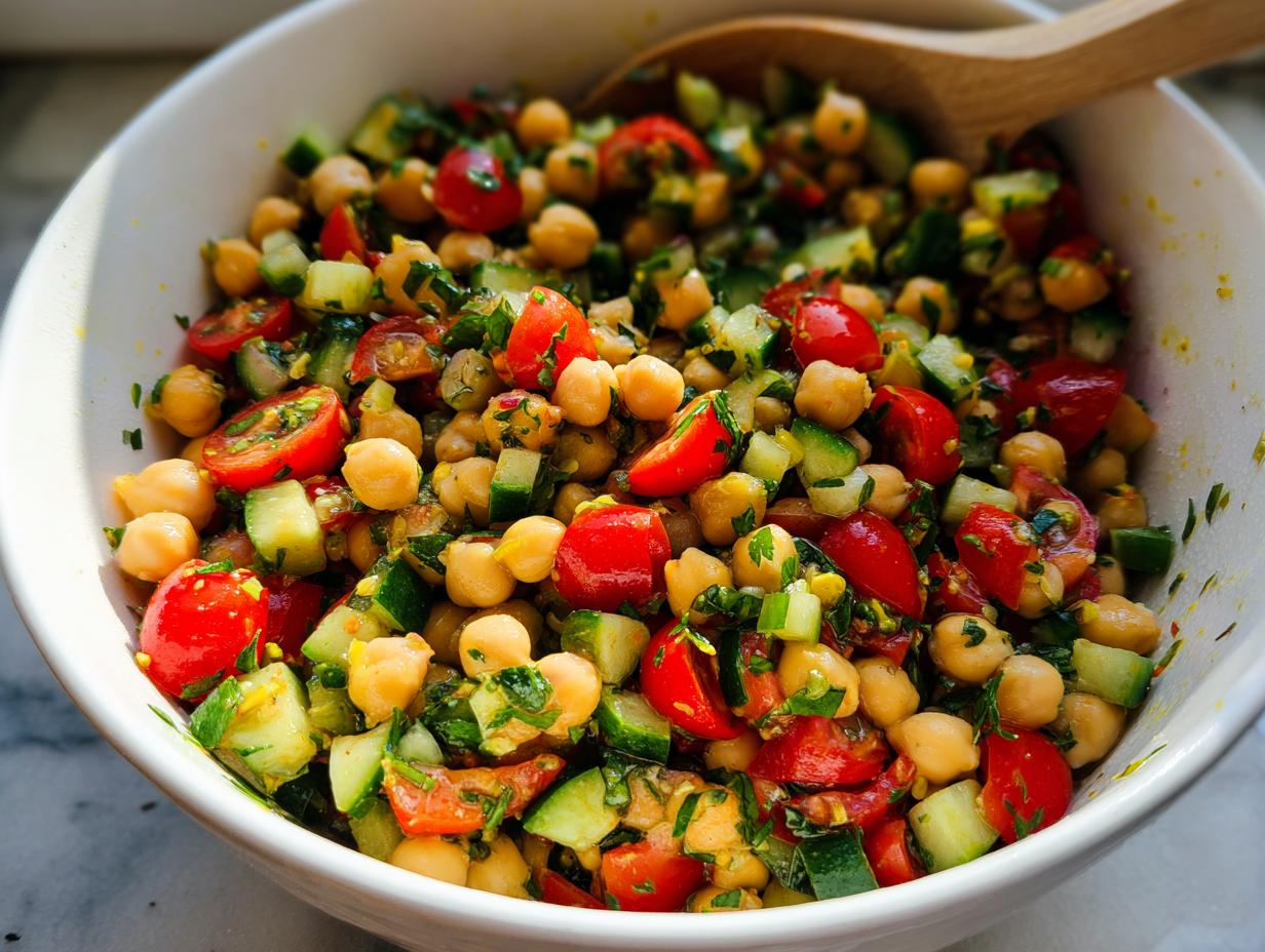 Close-up of a vibrant Quick Chickpea Salad featuring chickpeas, chopped tomatoes, and cucumbers in a white bowl.