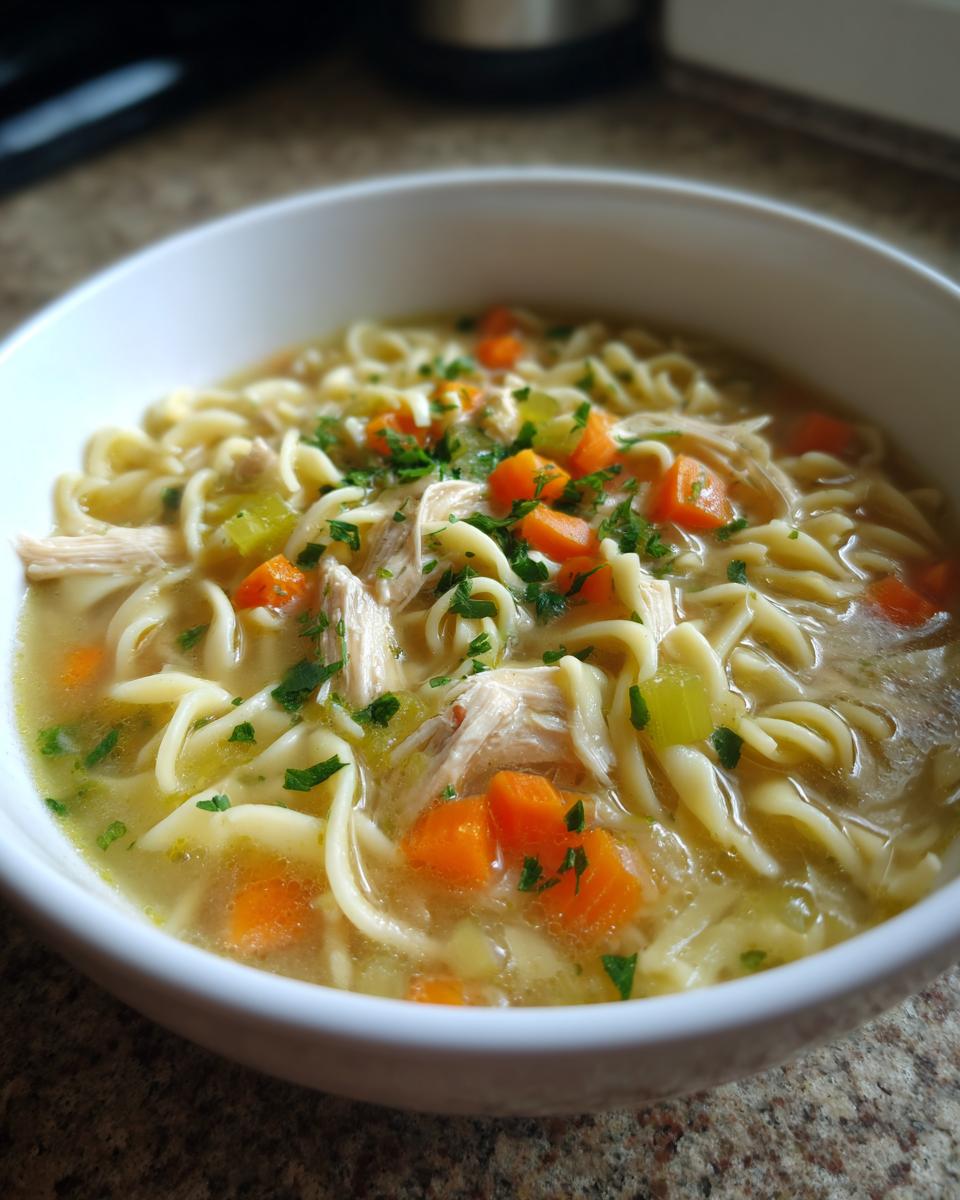 A close-up of a white bowl filled with Quick Creamy Chicken Noodle Soup, featuring egg noodles, shredded chicken, carrots, and parsley.