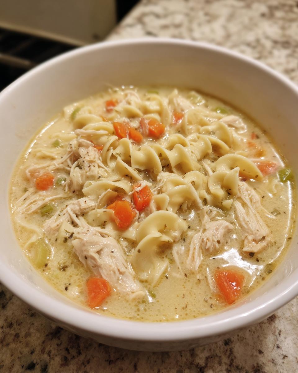 Close-up of a white bowl filled with Quick Creamy Chicken Noodle Soup featuring shredded chicken, egg noodles, and diced carrots.
