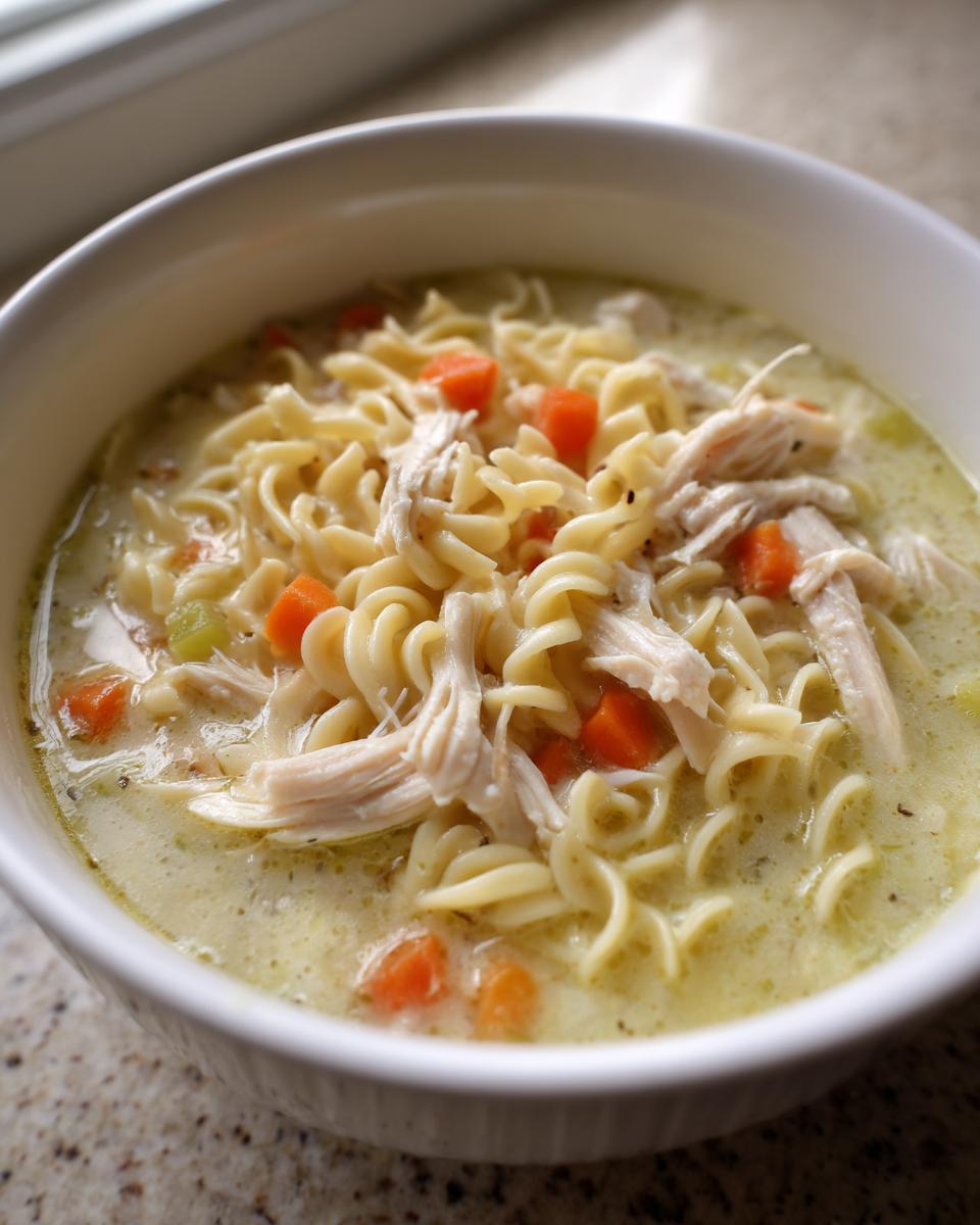 Close-up of a white bowl filled with Quick Creamy Chicken Noodle Soup featuring rotini pasta, shredded chicken, and carrots.