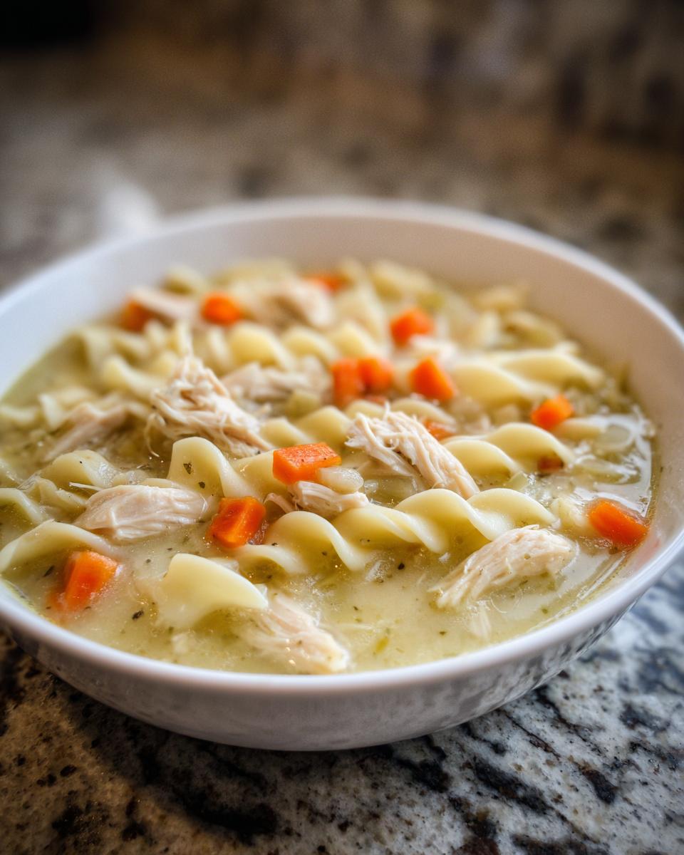 Close-up of a white bowl filled with Quick Creamy Chicken Noodle Soup featuring egg noodles, shredded chicken, and diced carrots.
